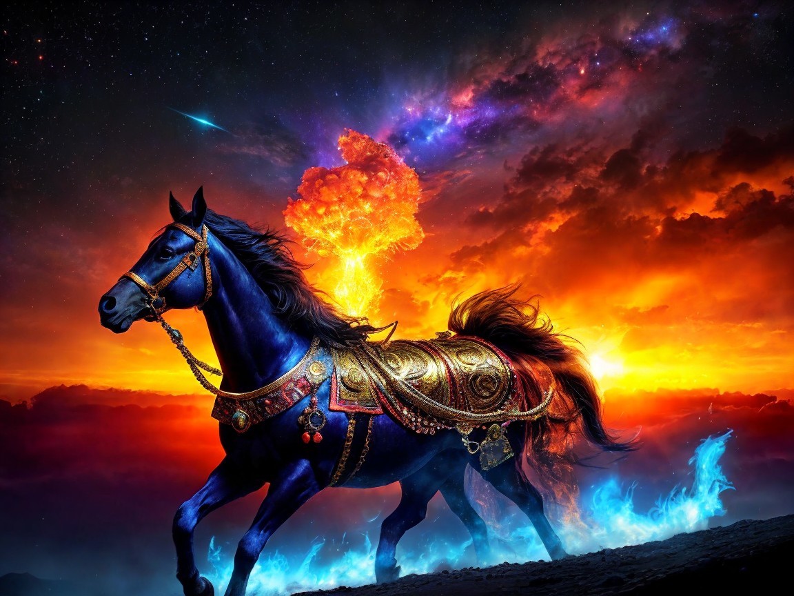 Black Horse with Golden Gear in Cosmic Background