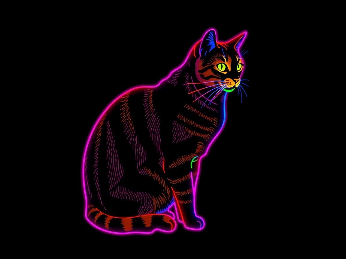 Vibrant Neon Cat Illustration on Black Background