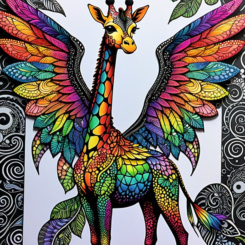 Vibrant Giraffe with Colorful Mosaic Patterns and Wings