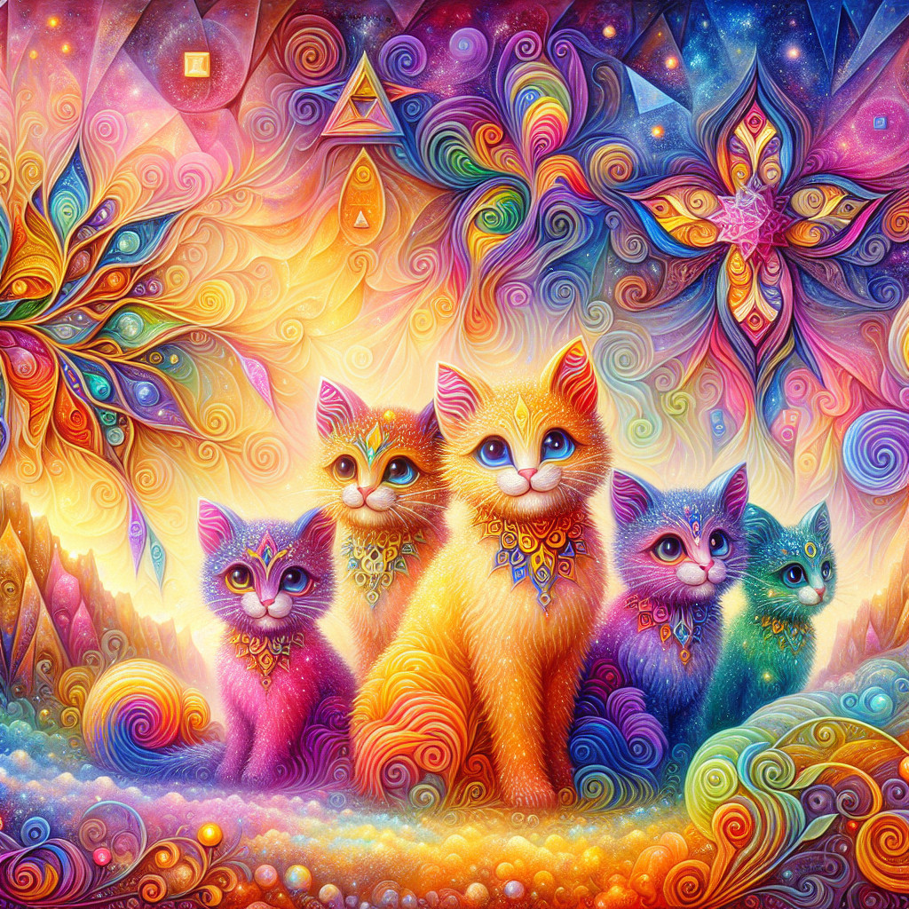 Whimsical Cats in a Colorful Dreamlike Landscape