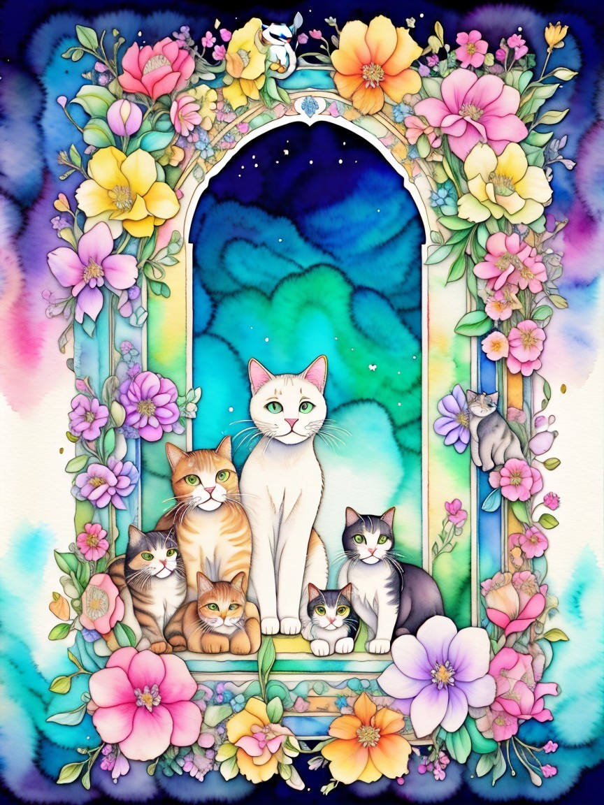 Whimsical Illustration of Seven Colorful Cats and Flowers