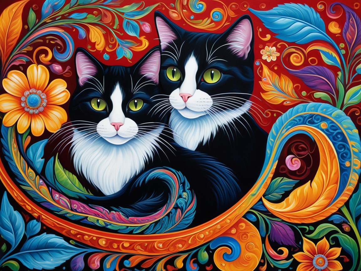 Vibrant Artwork of Two Cats in Colorful Backdrop