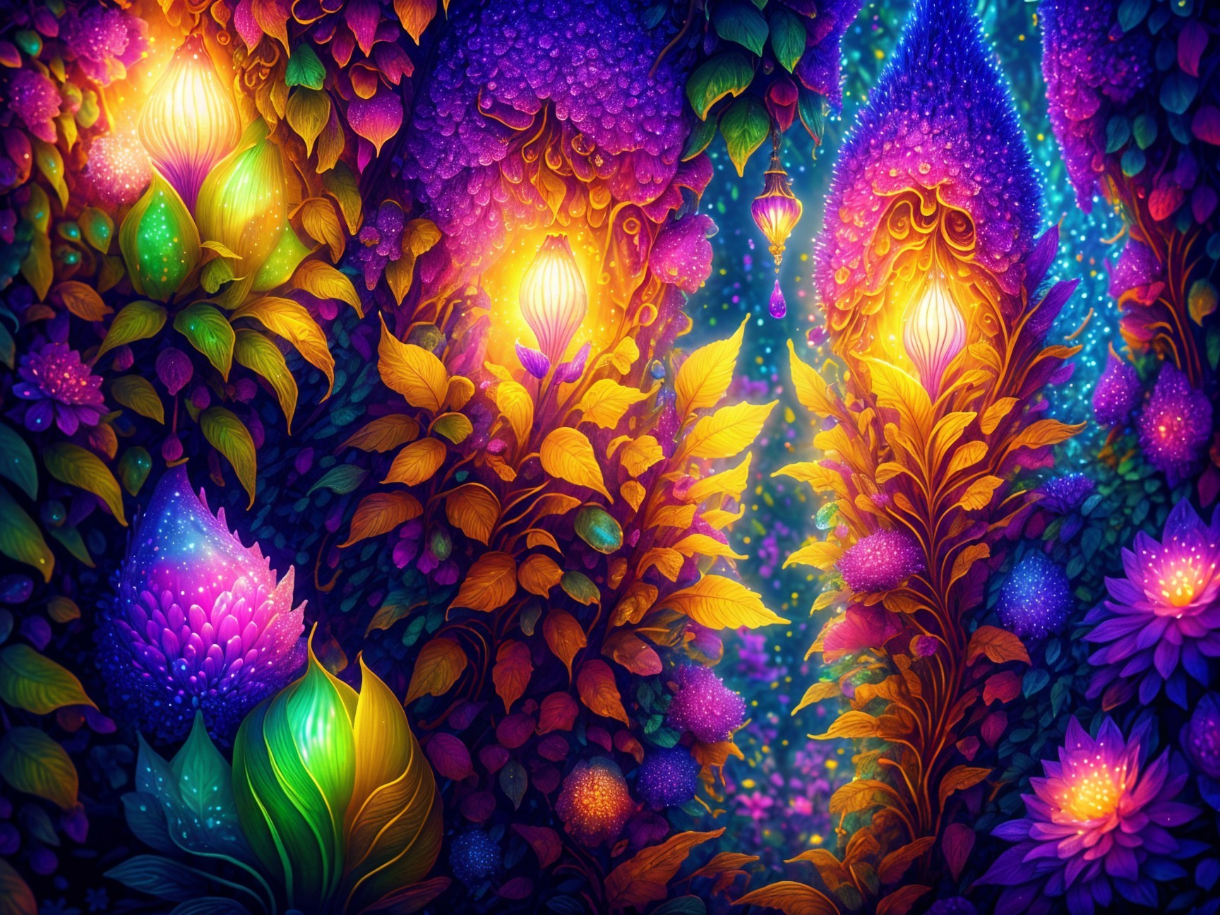 Enchanted forest with vibrant plants and glowing flowers
