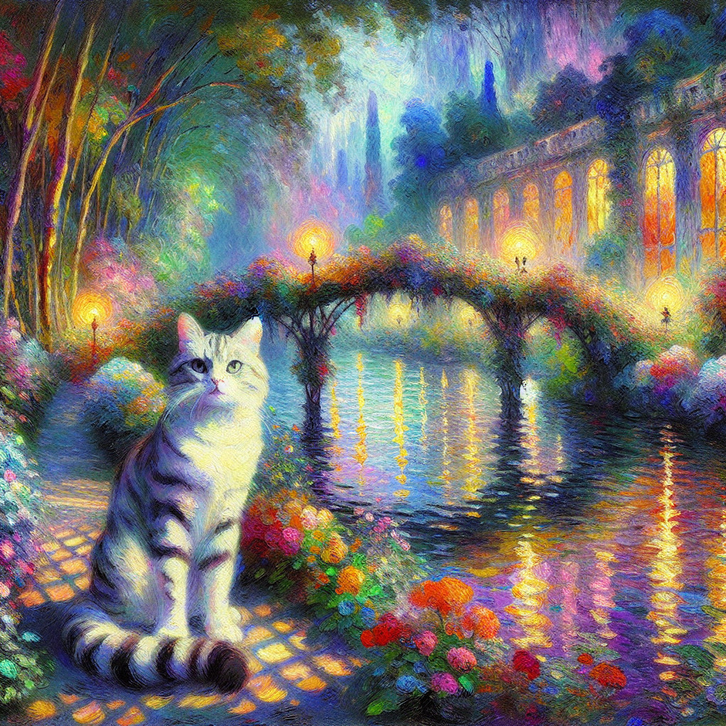 Serene Cat by a Tranquil Canal with Lanterns and Bridge