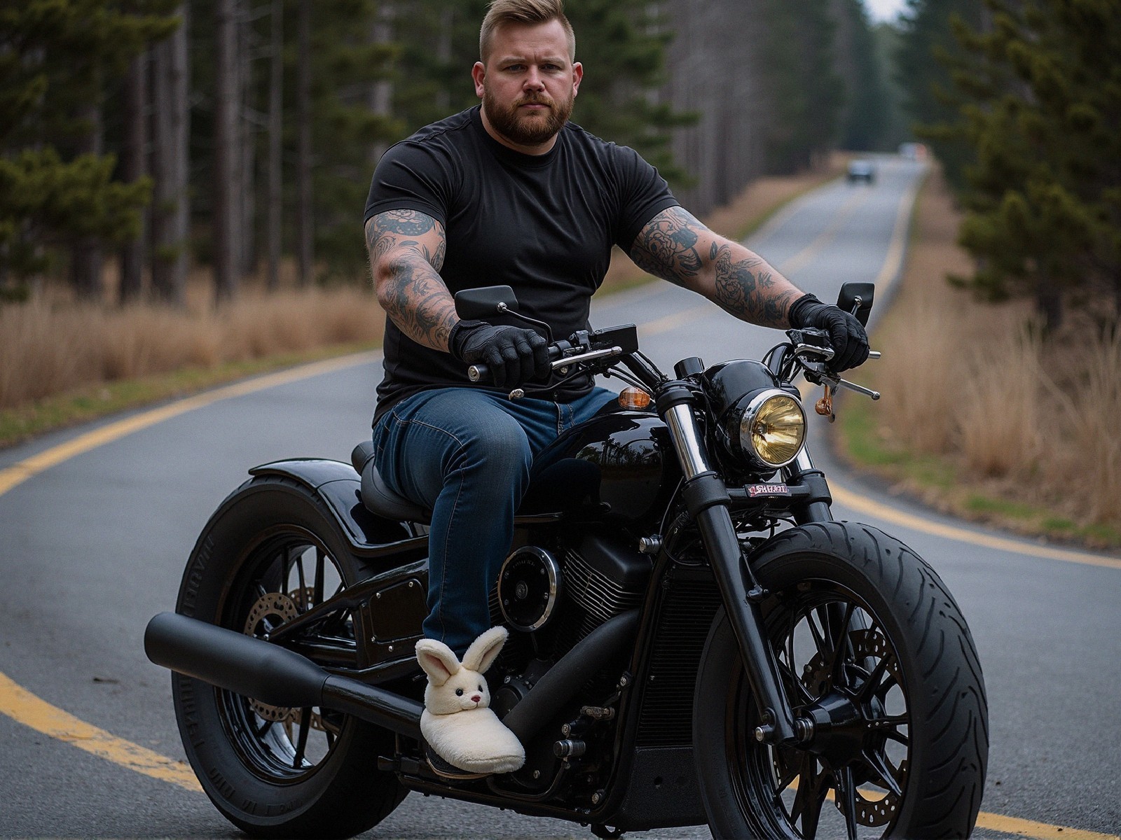 Muscular Man on Motorcycle Surrounded by Pine Trees