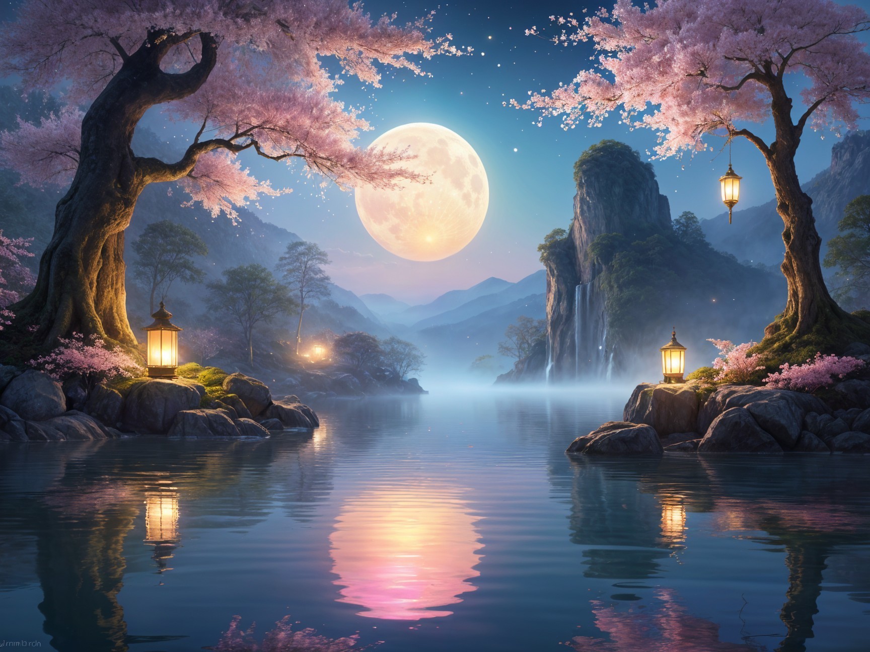 Serene Moonlit Landscape with Cherry Blossoms and Lakes