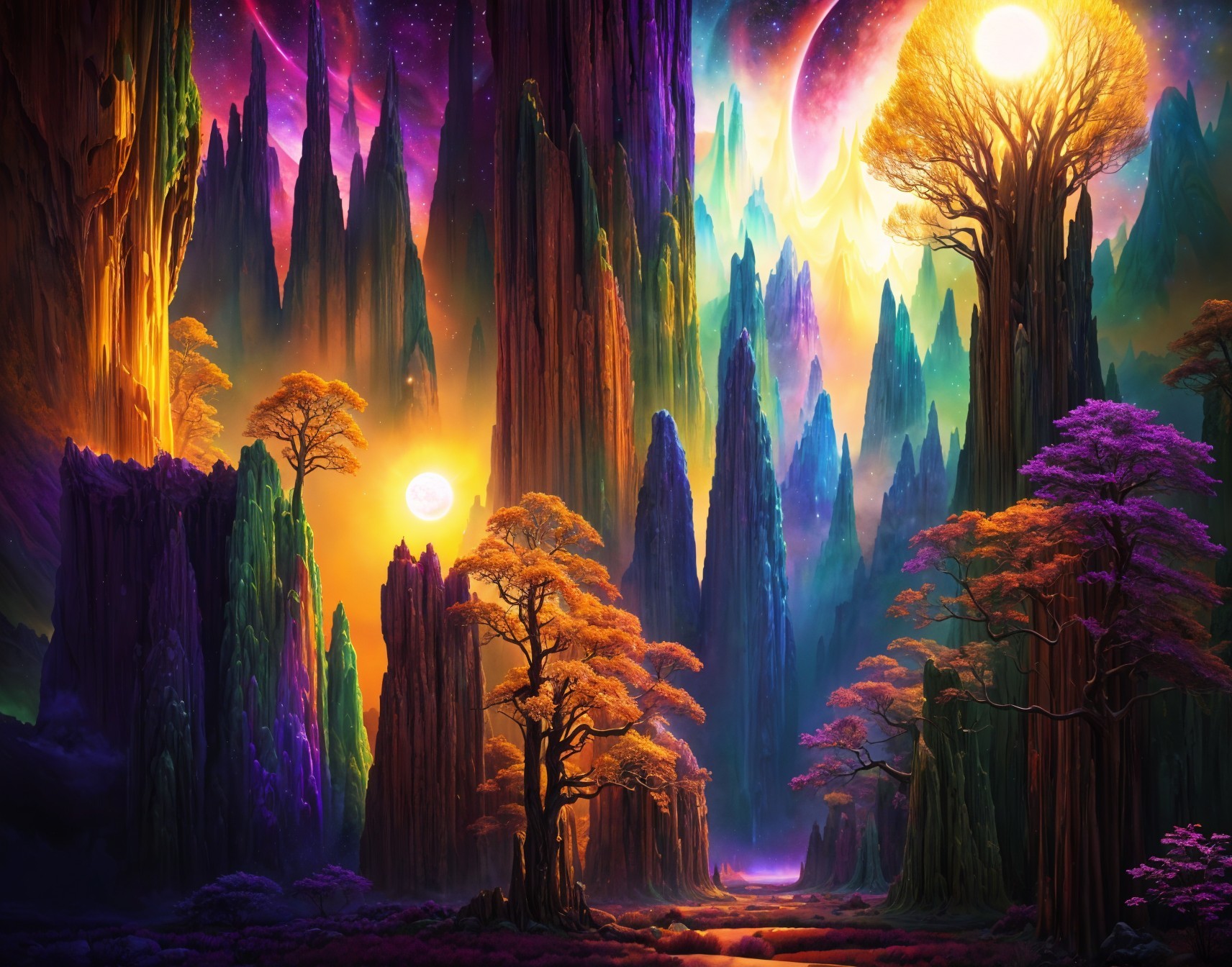 Vibrant Otherworldly Landscape with Celestial Bodies