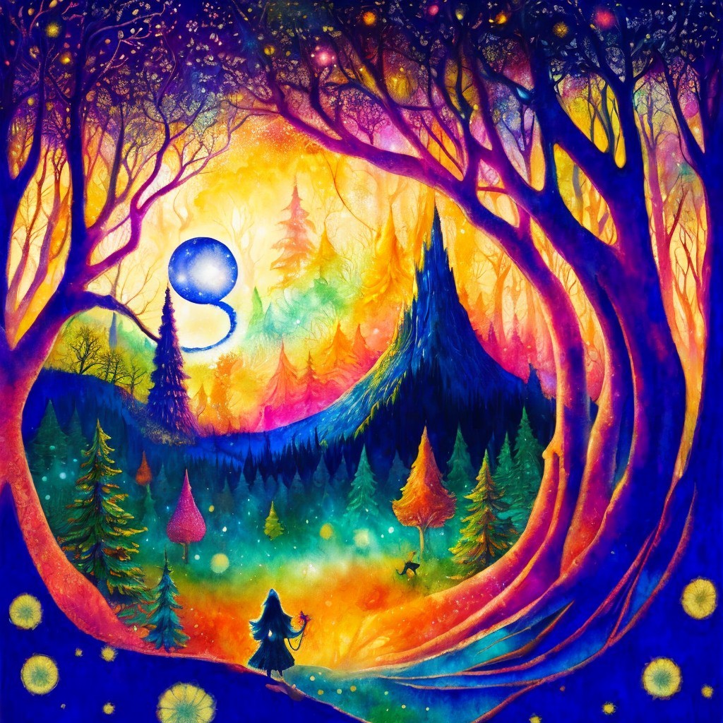 Whimsical Landscape with Colorful Trees and Figures