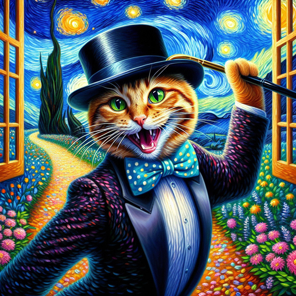 Whimsical Cat in Tuxedo Against Starry Night Sky