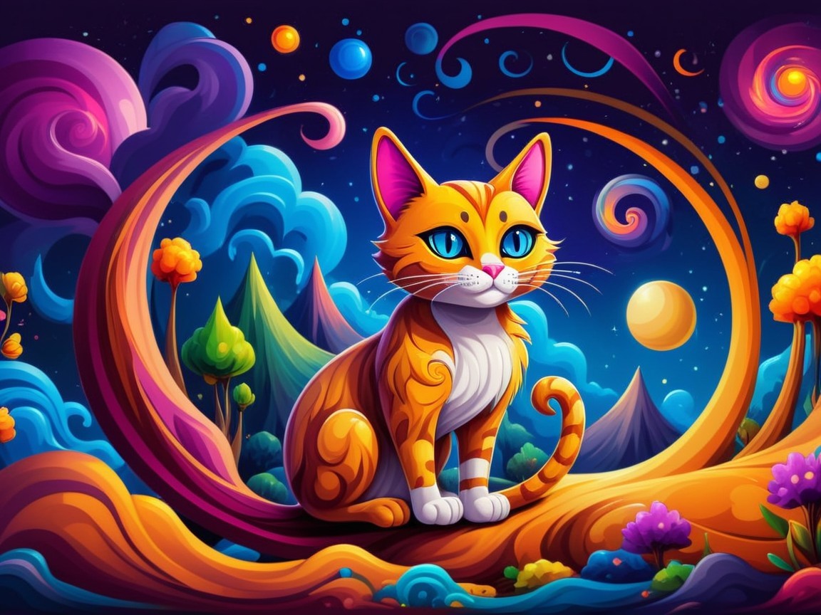 Whimsical Scene of an Orange Cat on a Branch