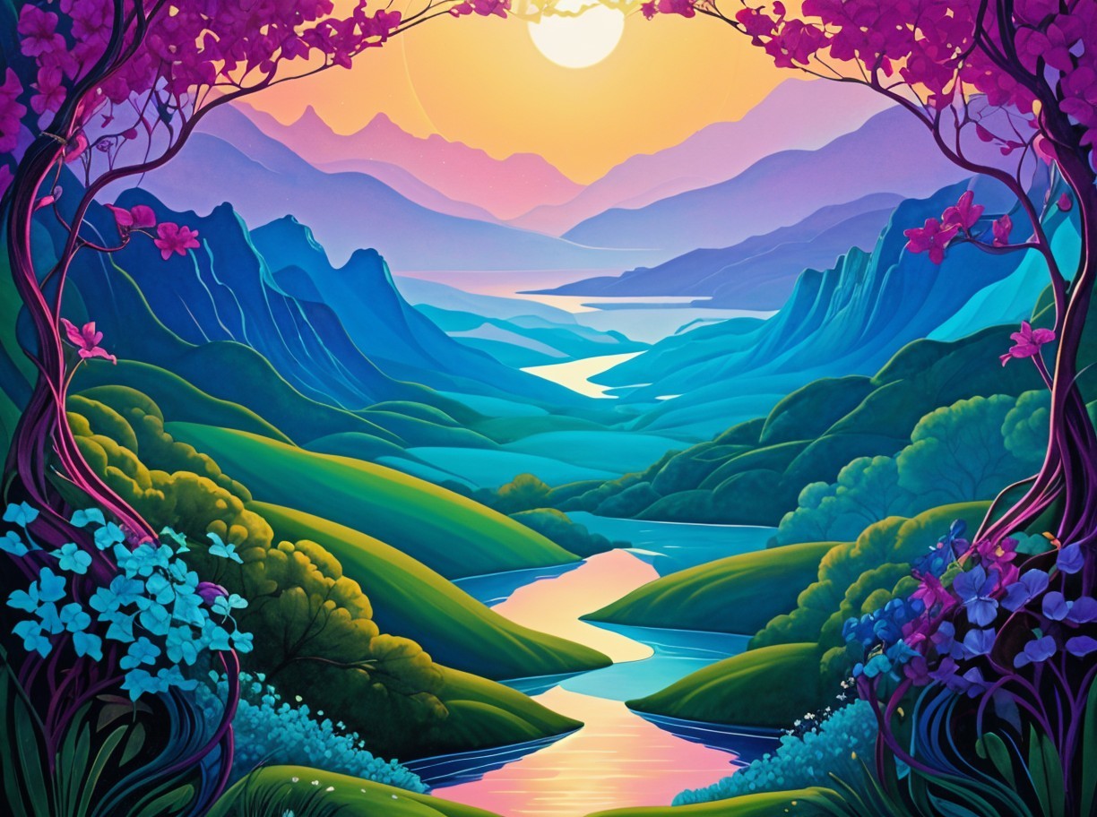 Vibrant Landscape with Hills, Mountains, and River