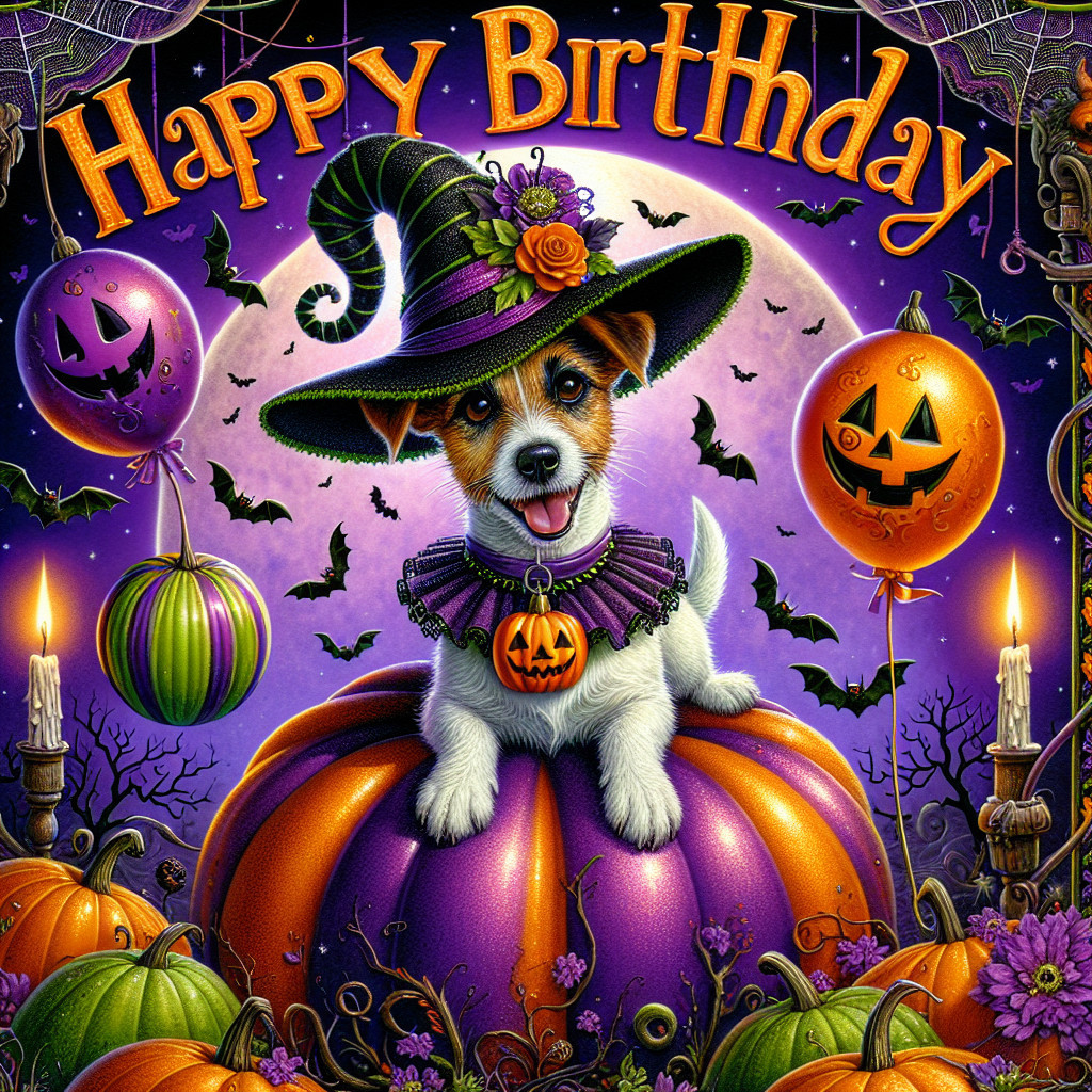 Playful Dog in Witch Hat Amid Halloween Decorations