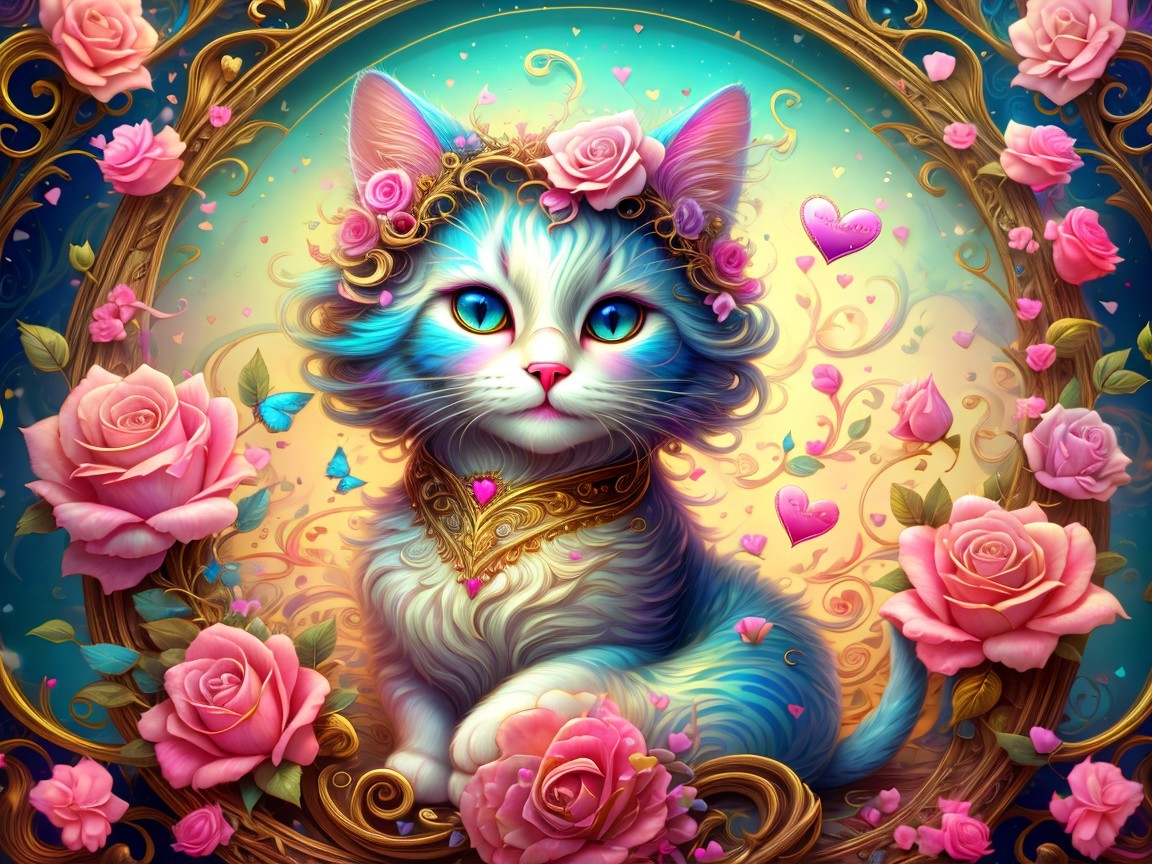 Whimsical Blue-Eyed Cat with Floral Crown and Butterflies