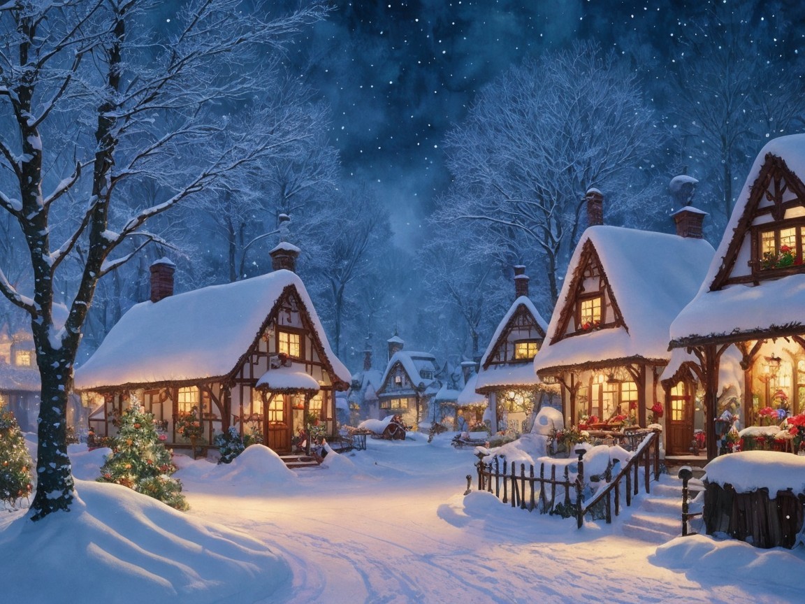 Winter Village Scene with Snowy Cottages and Pine Trees