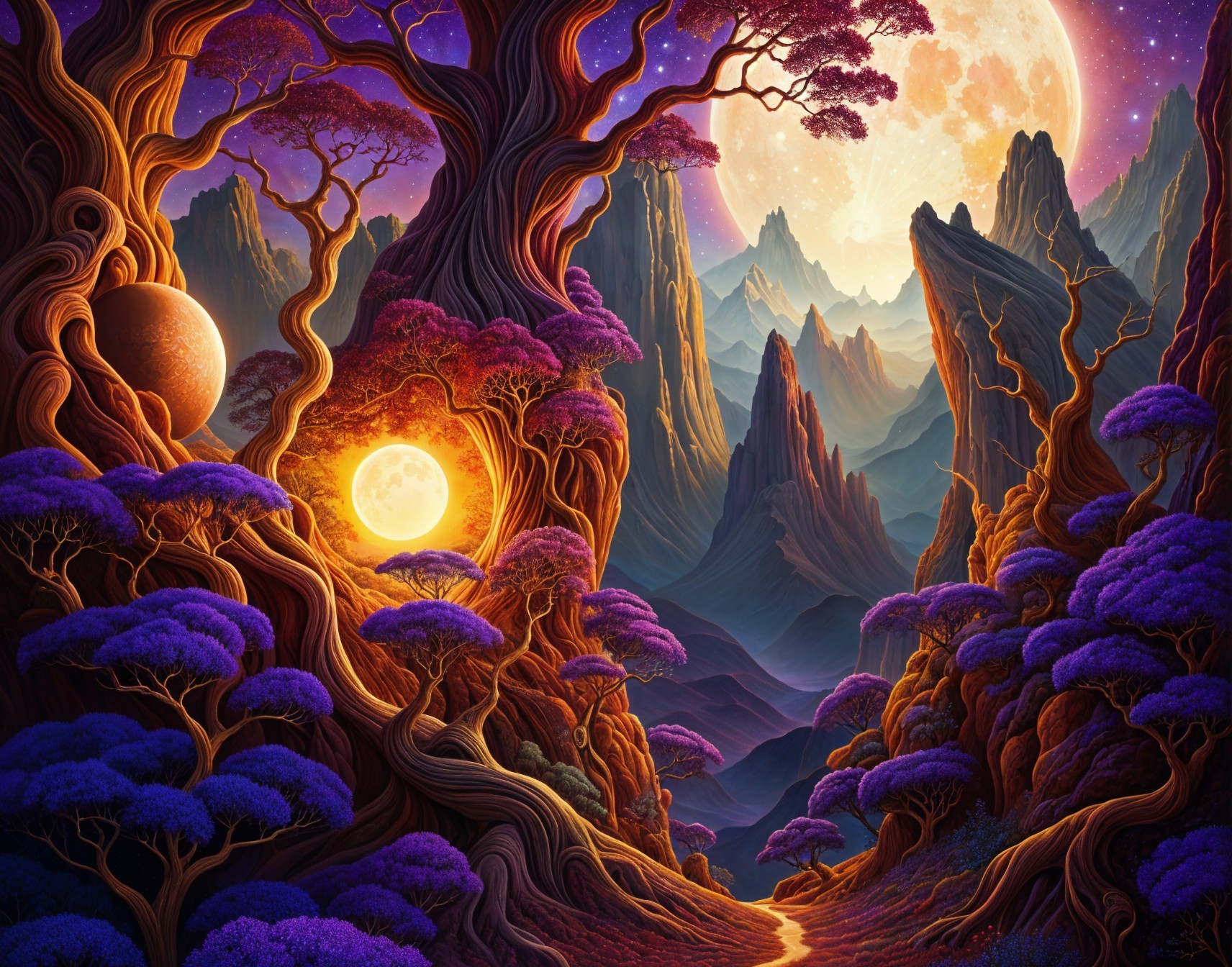 Fantastical landscape with twisted trees and celestial bodies