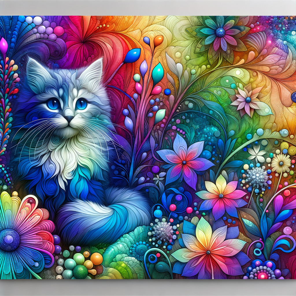 Fluffy Cat in a Colorful Flower Garden Illustration
