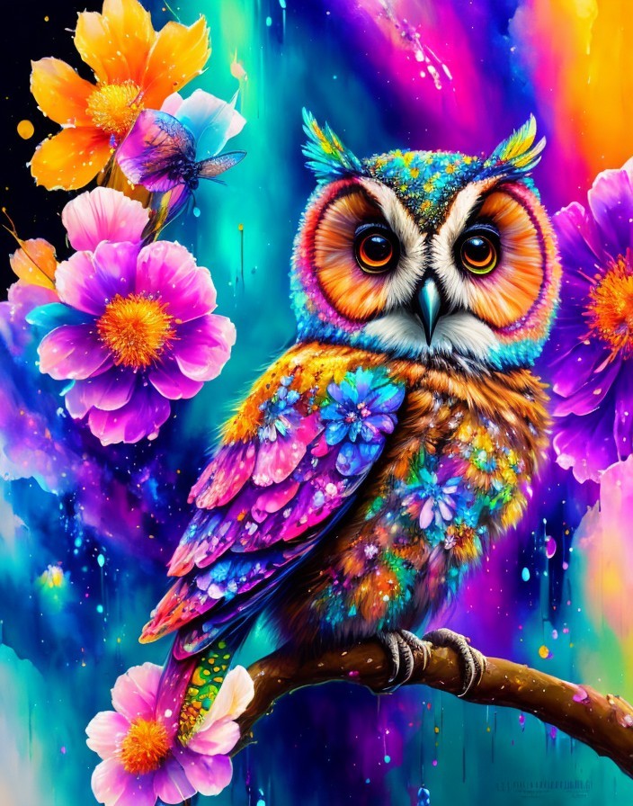 Vibrant Owl Perched Among Colorful Flowers and Patterns