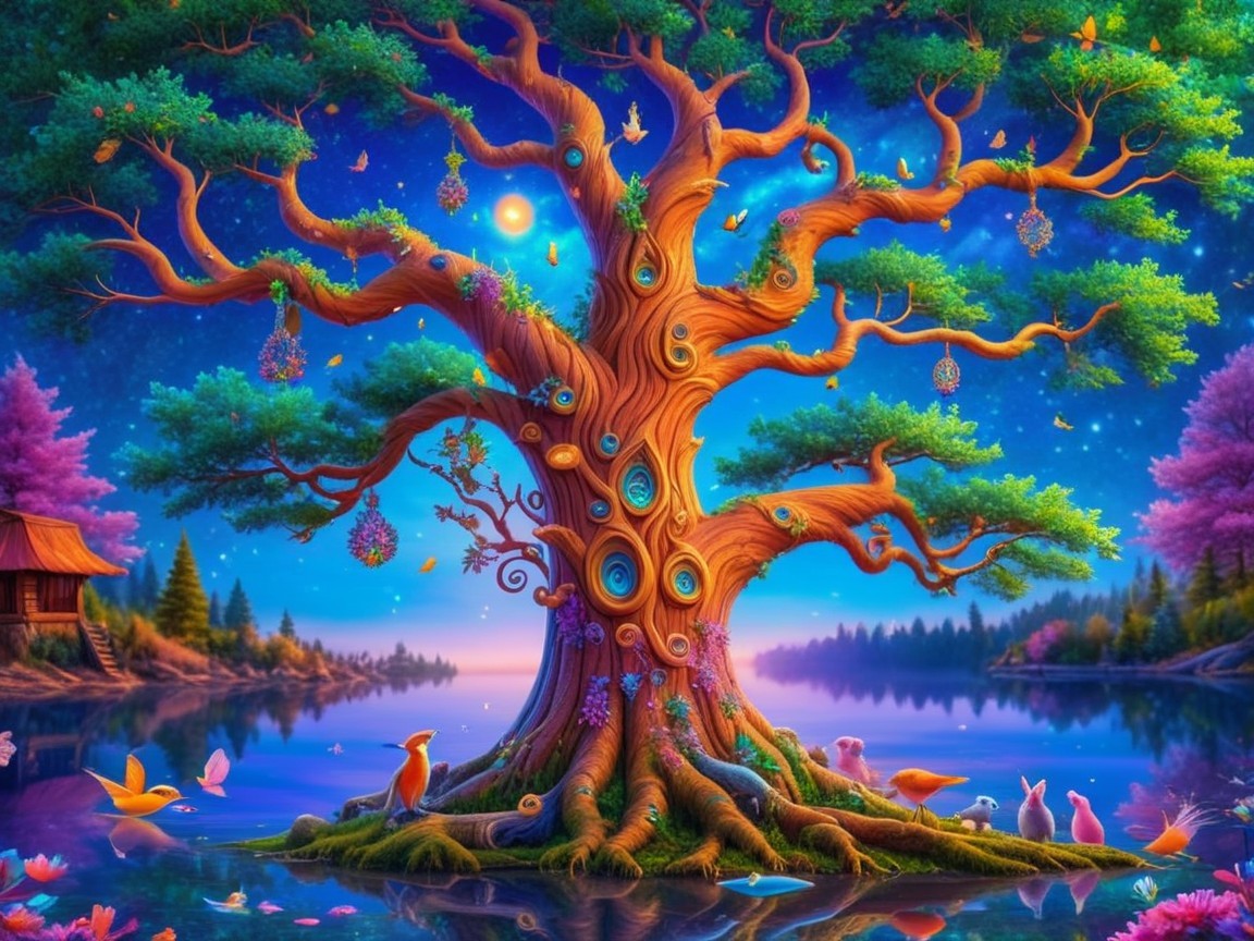 Vibrant Tree by Serene Lake Under Starry Sky