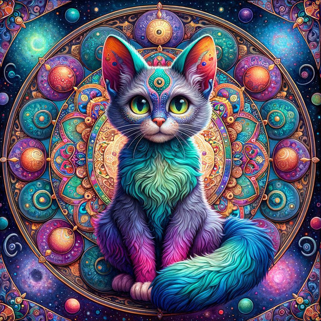 Whimsical Cat with Multicolored Fur in Cosmic Setting