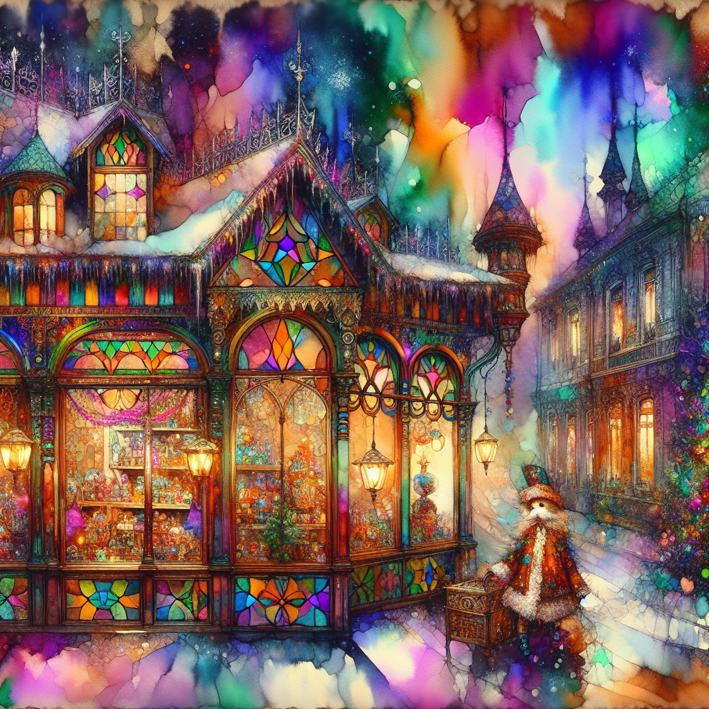 Colorful Winter Scene with Ornate Shop and Snow
