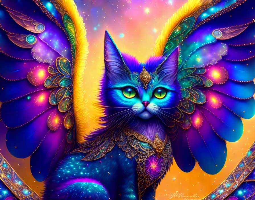 Majestic cat with blue fur and butterfly wings