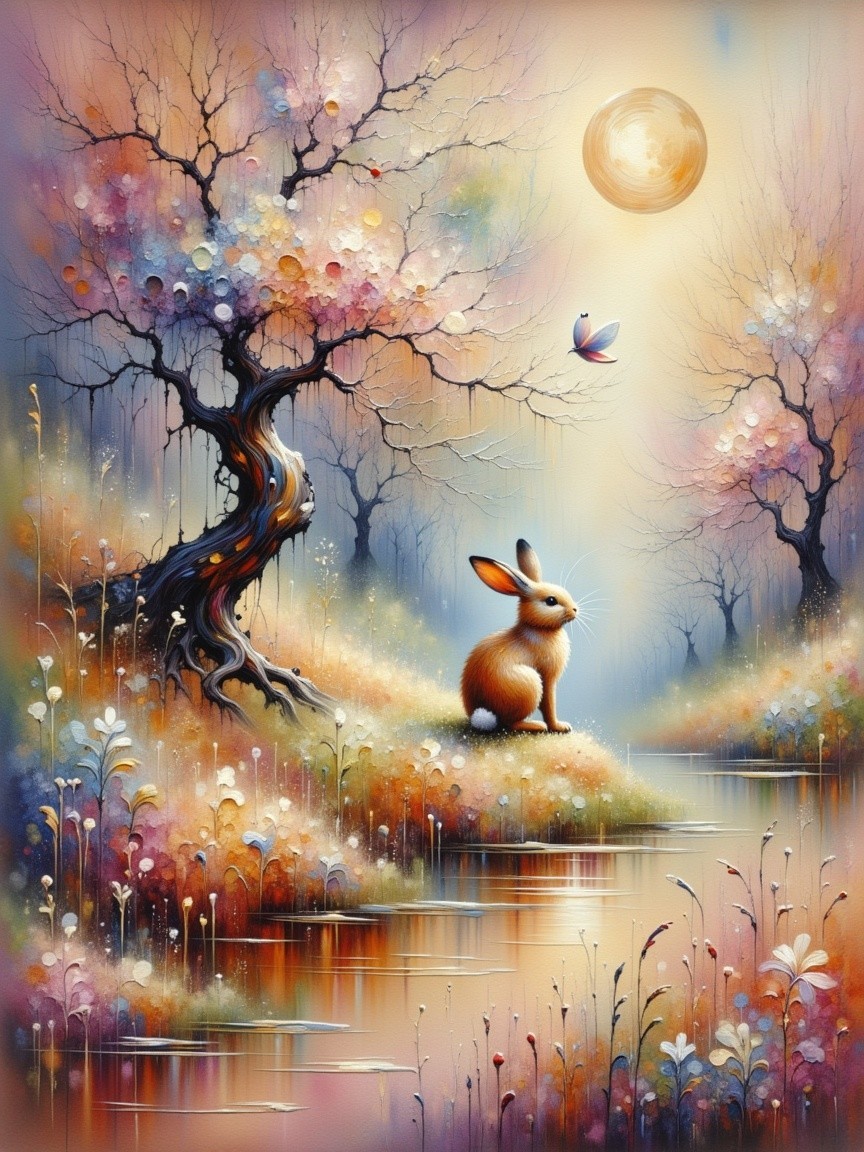 Serene Landscape with Rabbit by Tranquil Stream