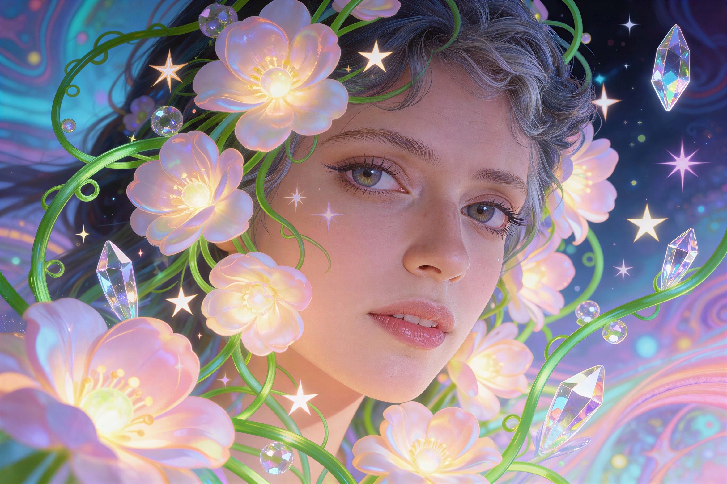 Ethereal Woman Surrounded by Flowers and Crystals