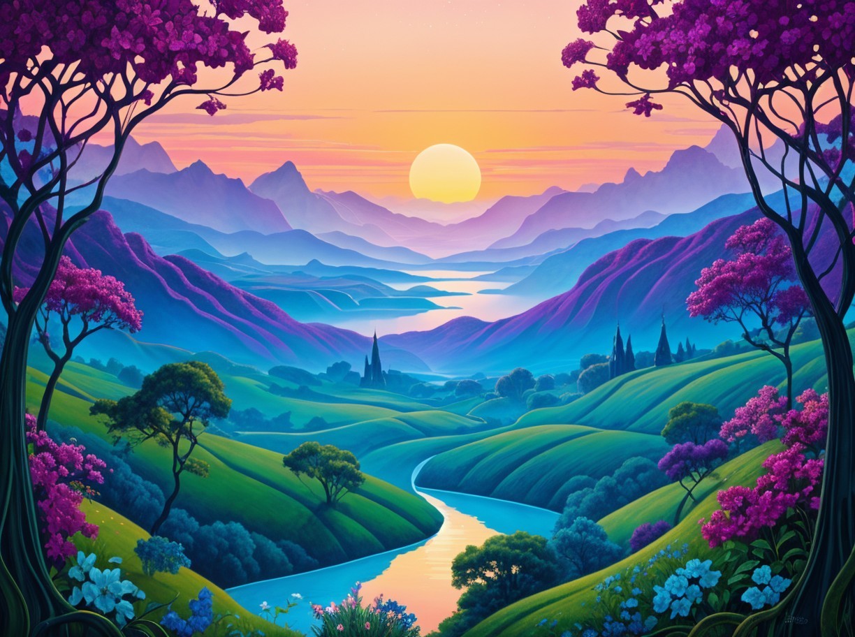 Vibrant Landscape of Rolling Hills and Sunset Sky