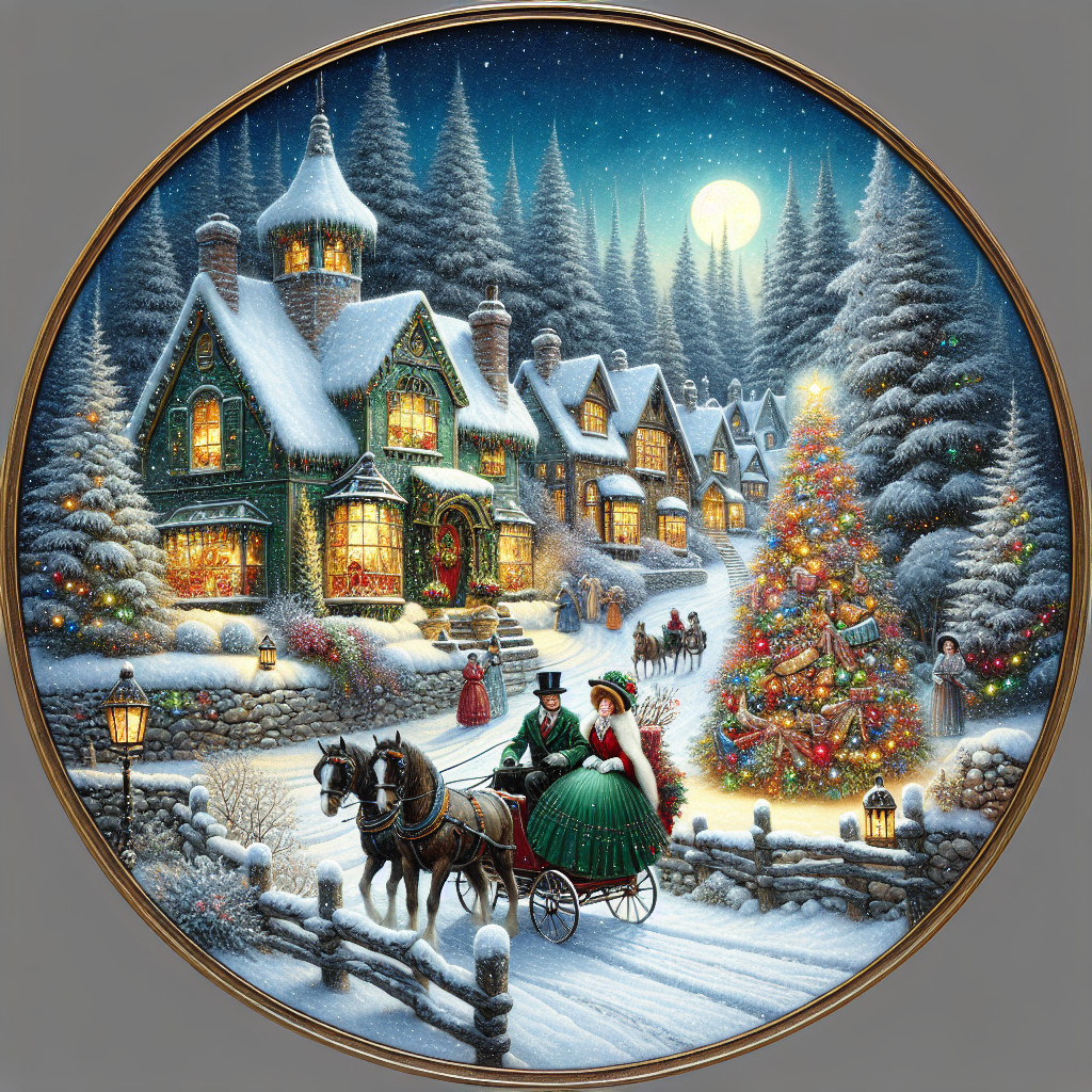 Festive winter scene with snow-covered cottages and lights