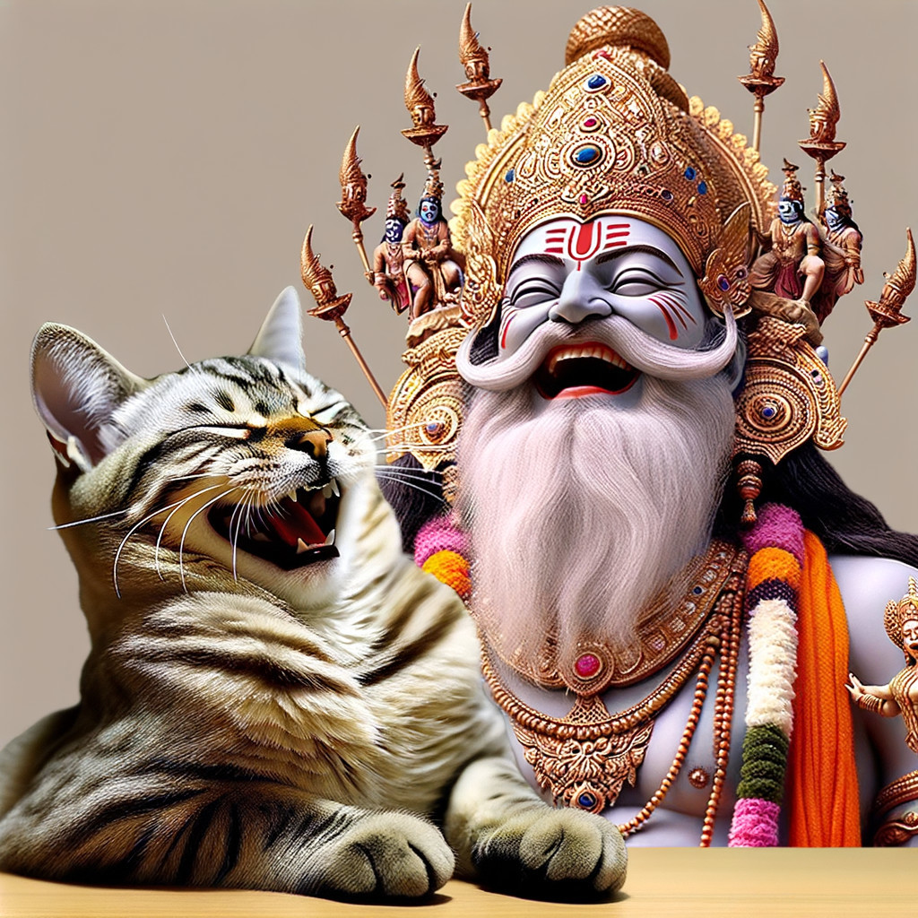Majestic deity with golden crown and playful tabby cat