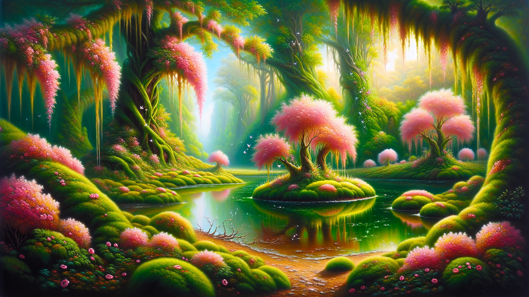 Enchanted forest with vibrant greenery and flowers