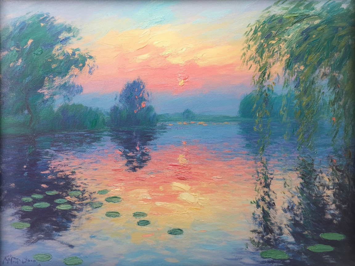 Serene Landscape Painting of Sunset Over Calm Lake