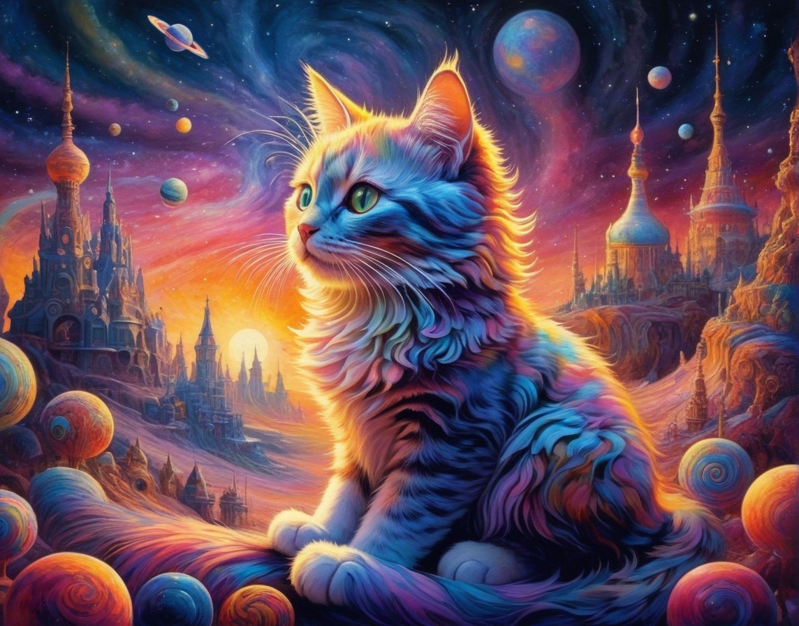 Majestic Cat in a Colorful Cosmic Landscape