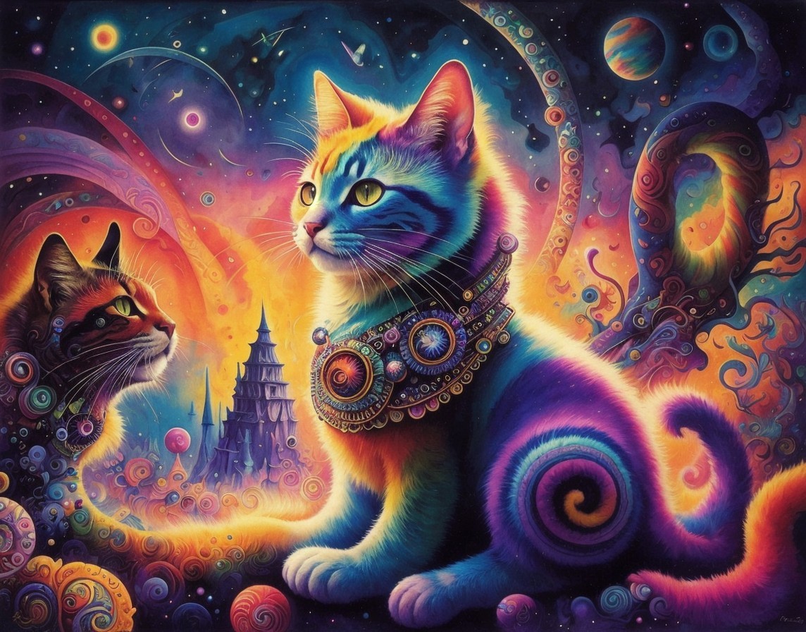 Vibrant Cosmic Scene with Fantastical Cats and Galaxy