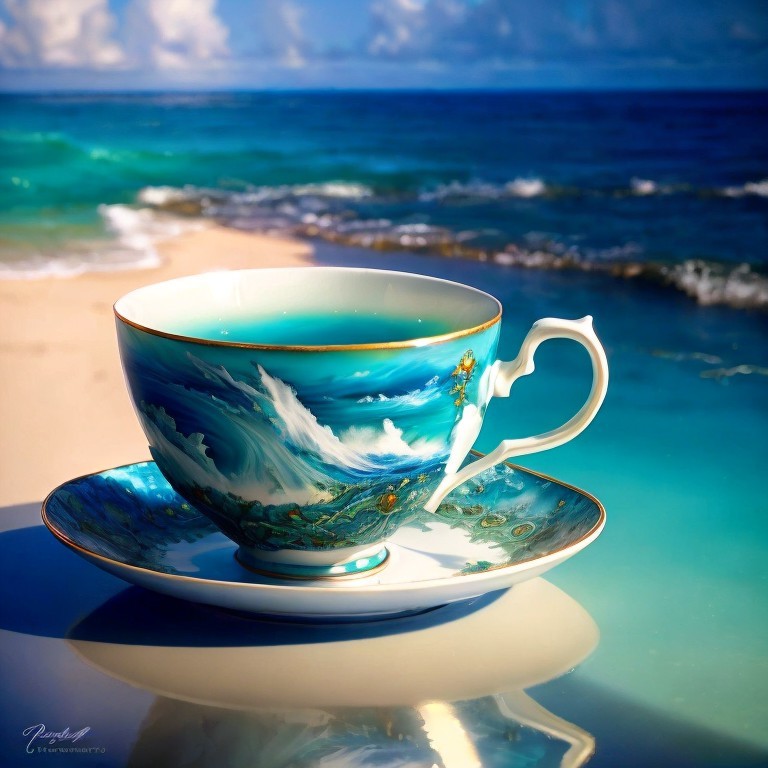 Porcelain Teacup and Saucer with Beach Scene Design