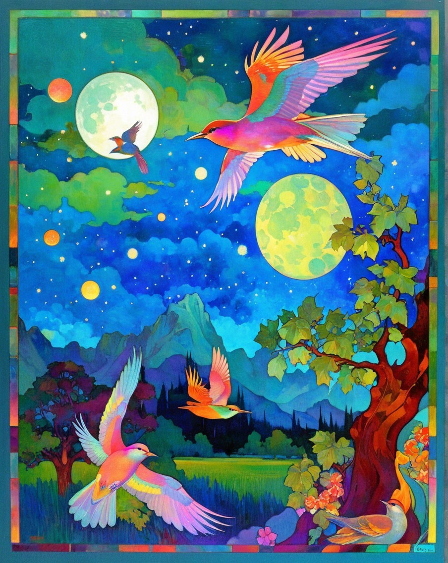 Vibrant Dreamlike Landscape with Colorful Birds and Moons