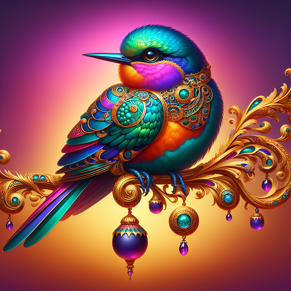 Colorful Bejeweled Bird on Ornate Golden Branch