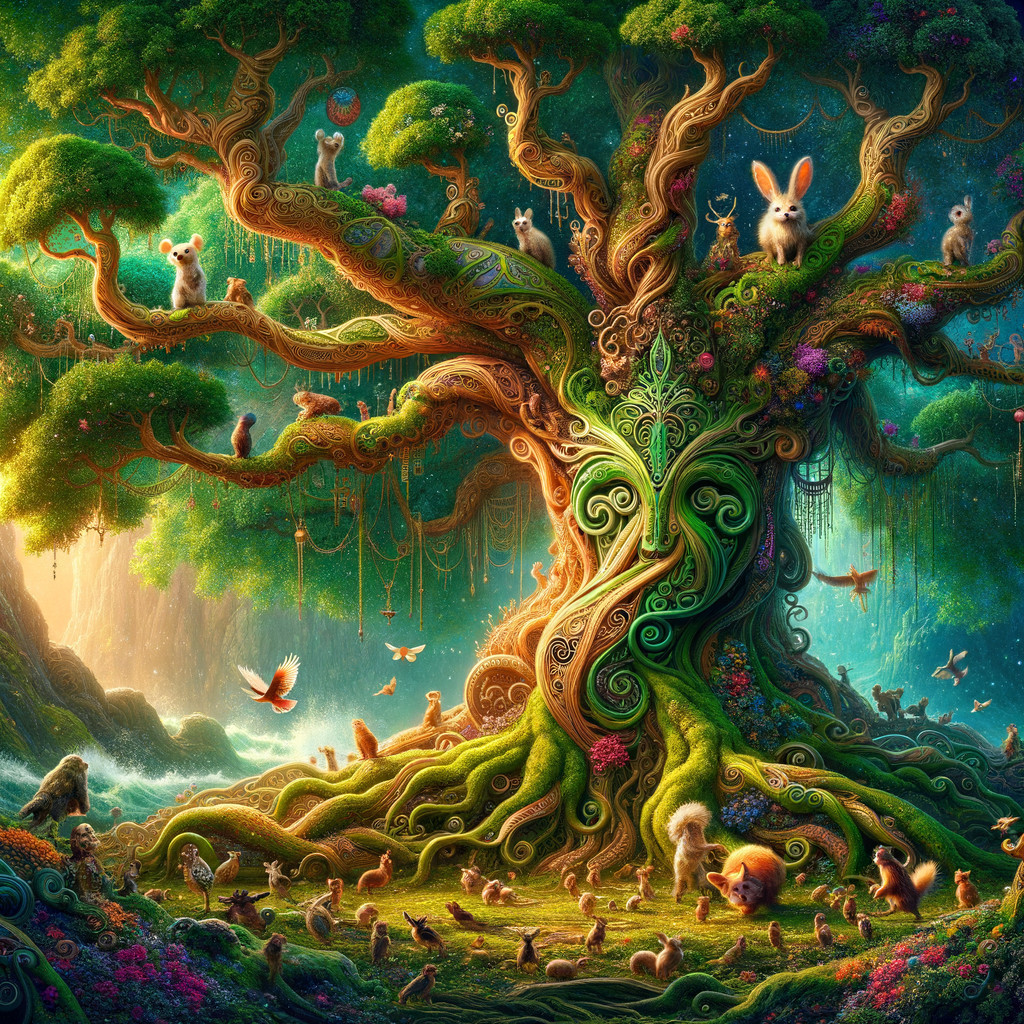 Mythical tree surrounded by woodland creatures in sunlight