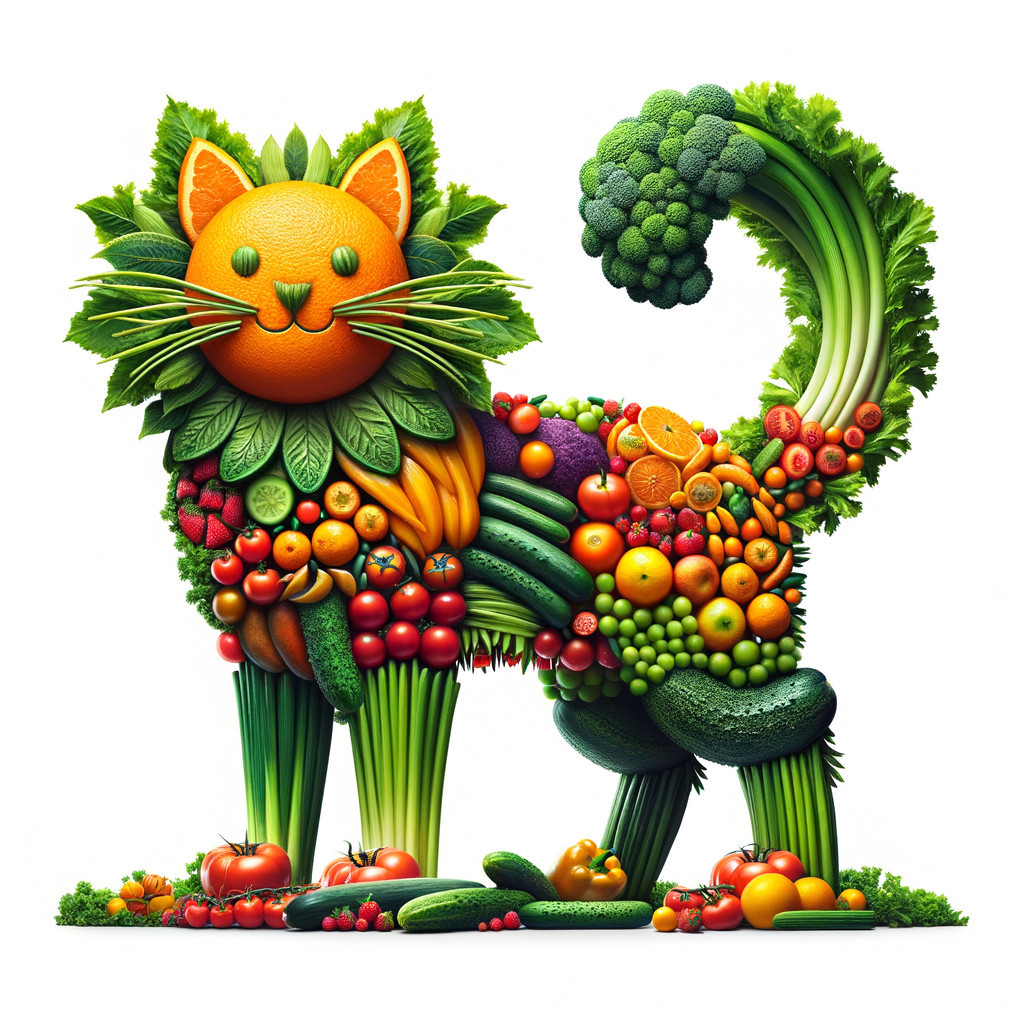 Colorful Fruit and Vegetable Cat Sculpture Description