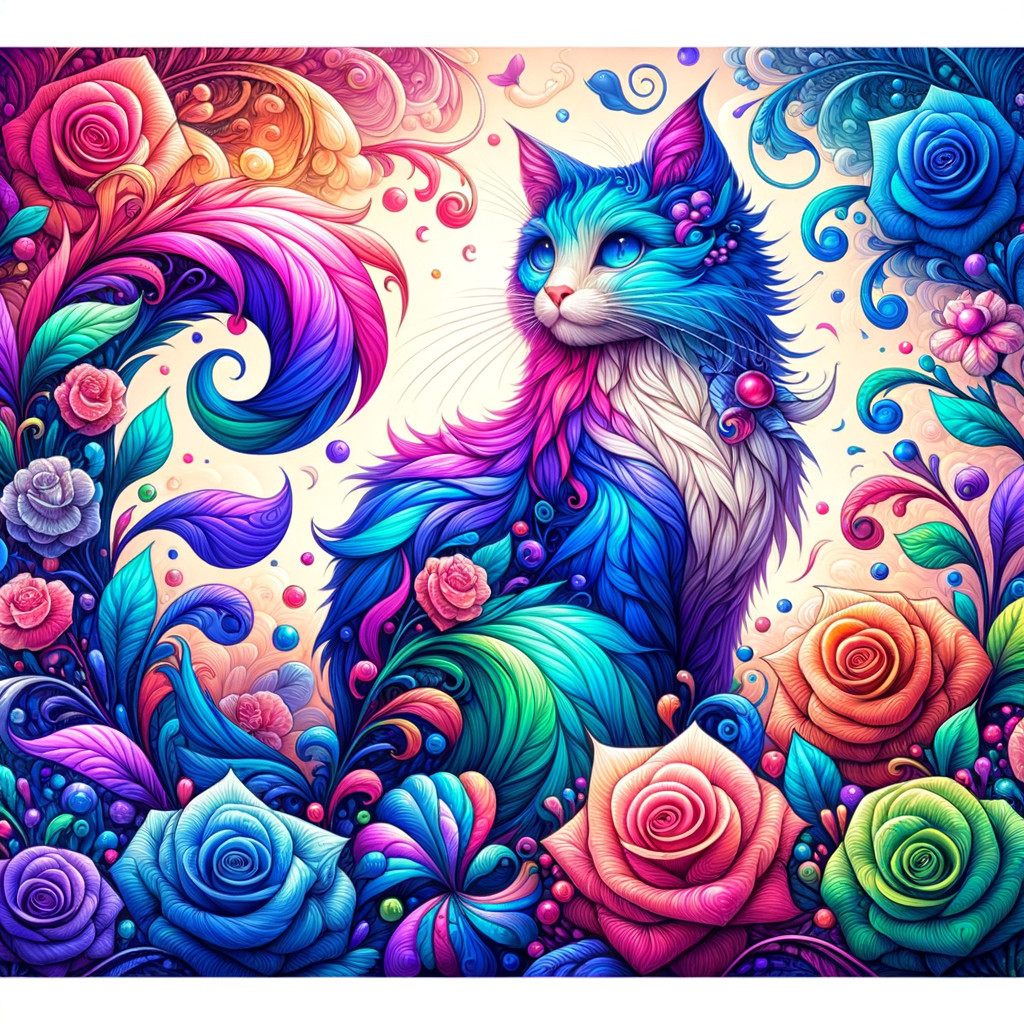 Vibrant Fantastical Cat in Whimsical Flower Garden