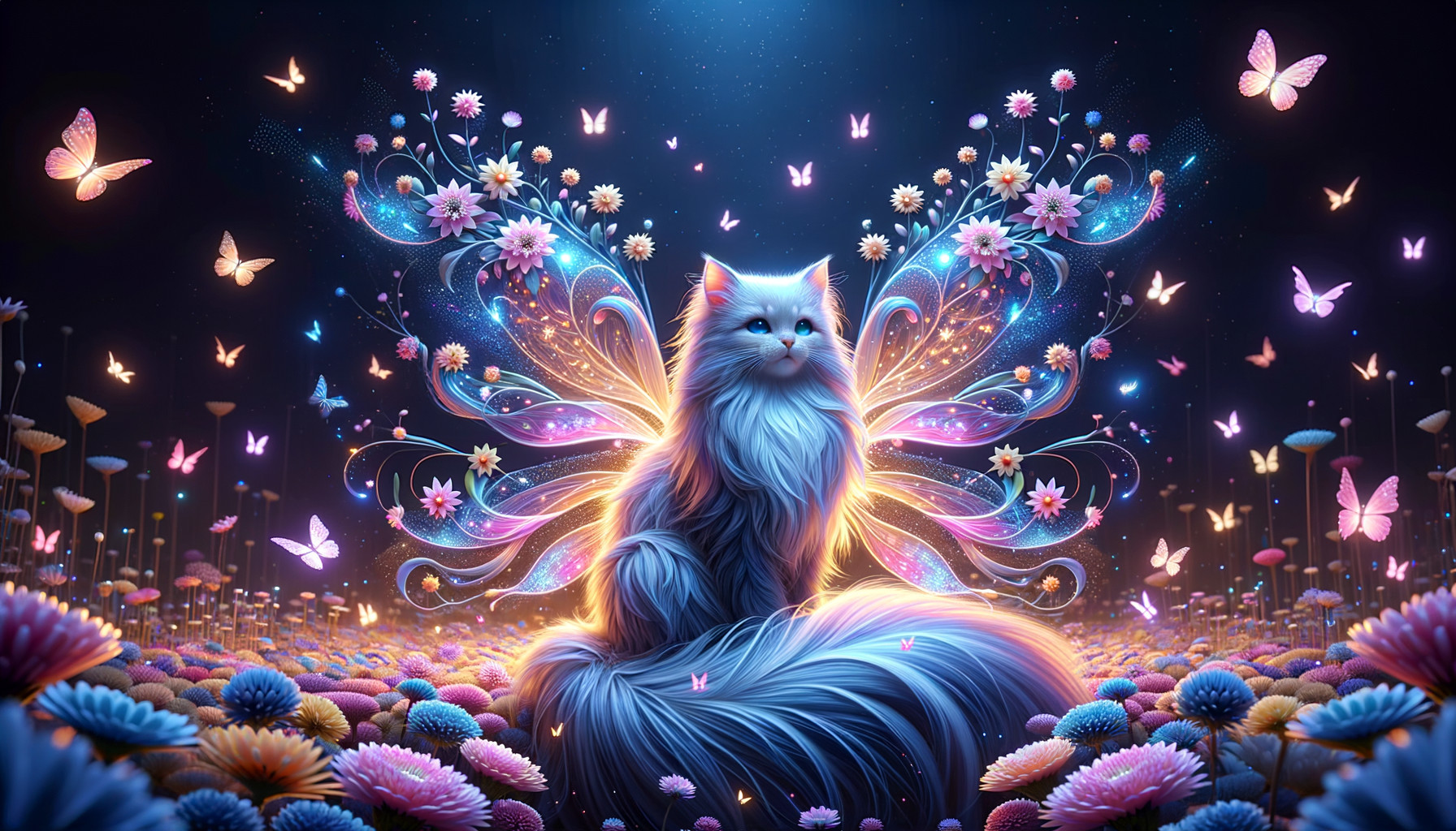 Majestic Cat with Wings in a Colorful Garden Scene