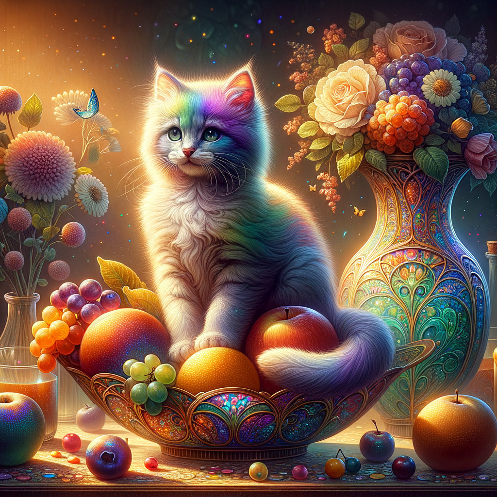 Rainbow Cat Surrounded by Colorful Fruits and Flowers
