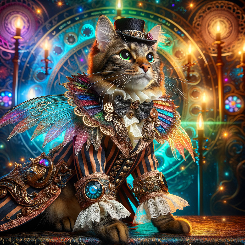 Majestic Cat in Colorful Steampunk Outfit and Wings
