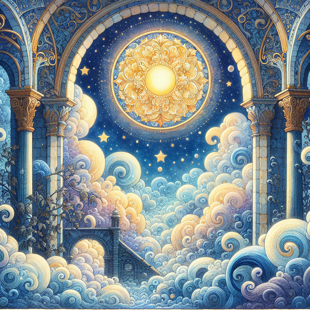 Surreal Landscape with Ornate Arches and Celestial Scene