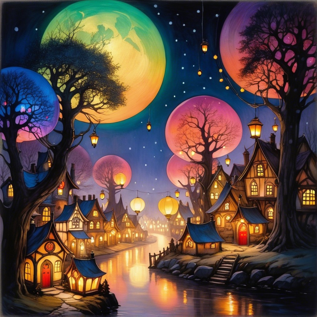 Whimsical Night Village with Cozy Houses and Lanterns