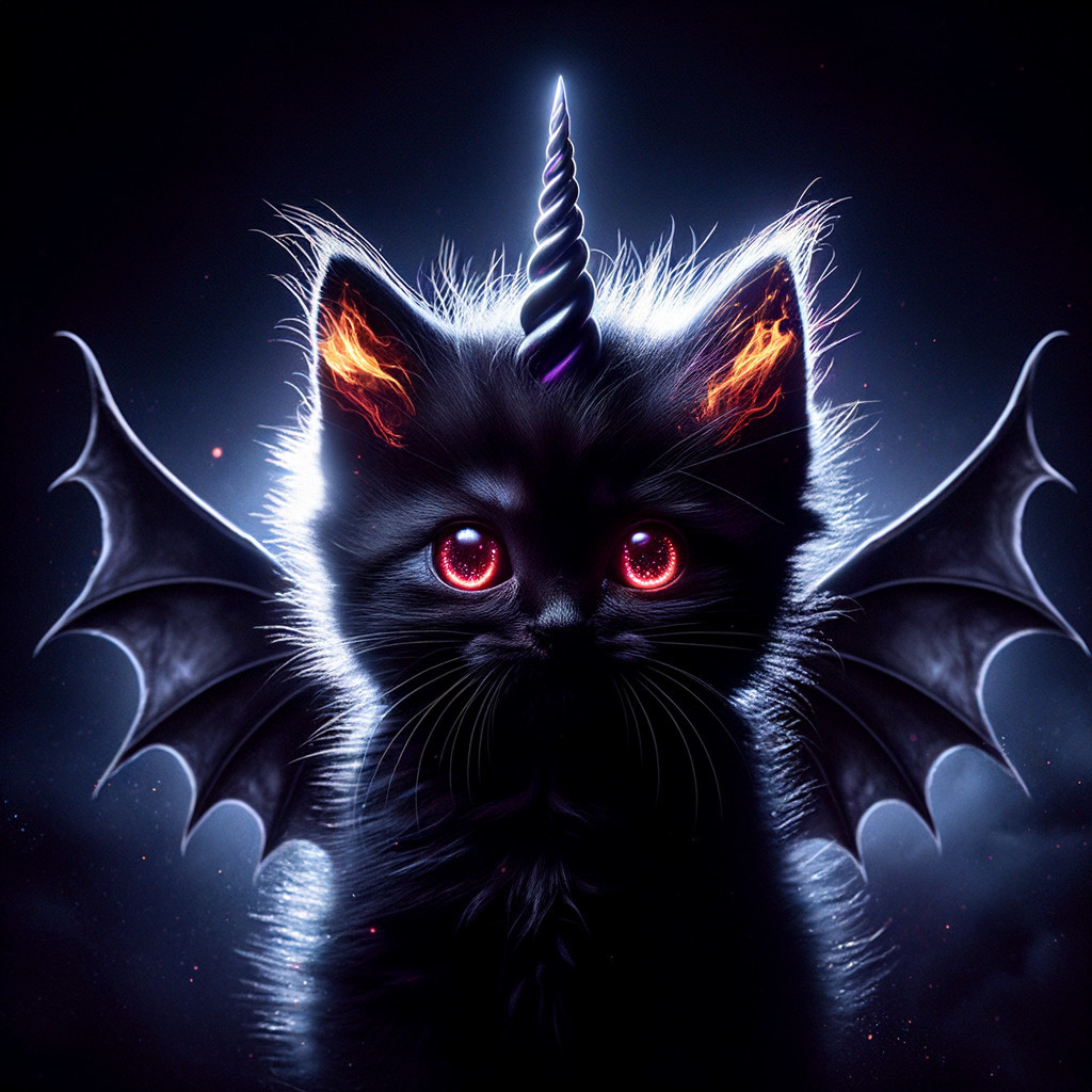 Fluffy Black Kitten with Unicorn Horn and Bat Wings