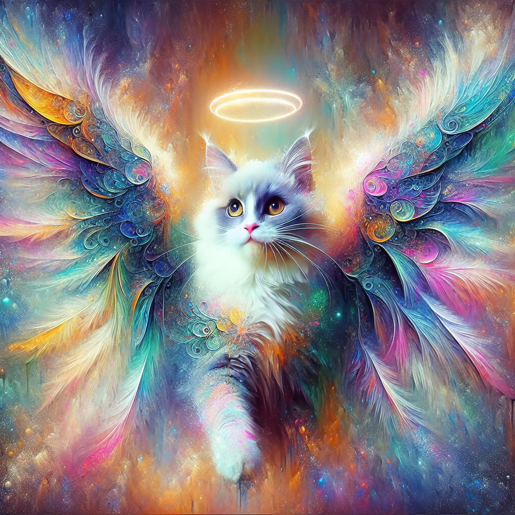 Majestic Cat with Colorful Wings and Halo in Cosmos