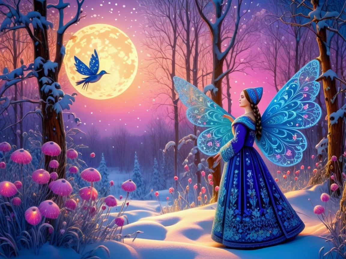 Winter Scene with Woman in Butterfly Wings and Moon
