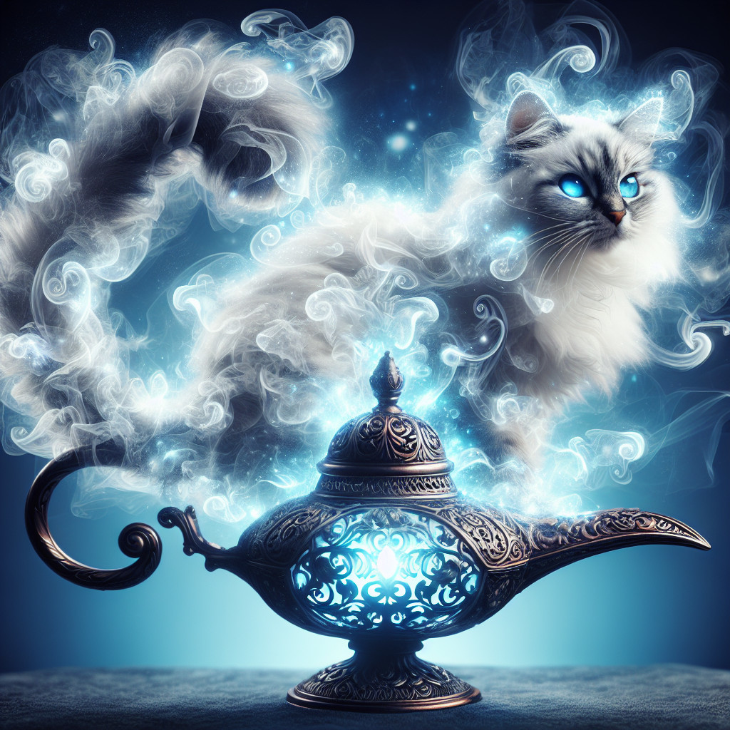 Ethereal cat emerging from a glowing ornate lamp