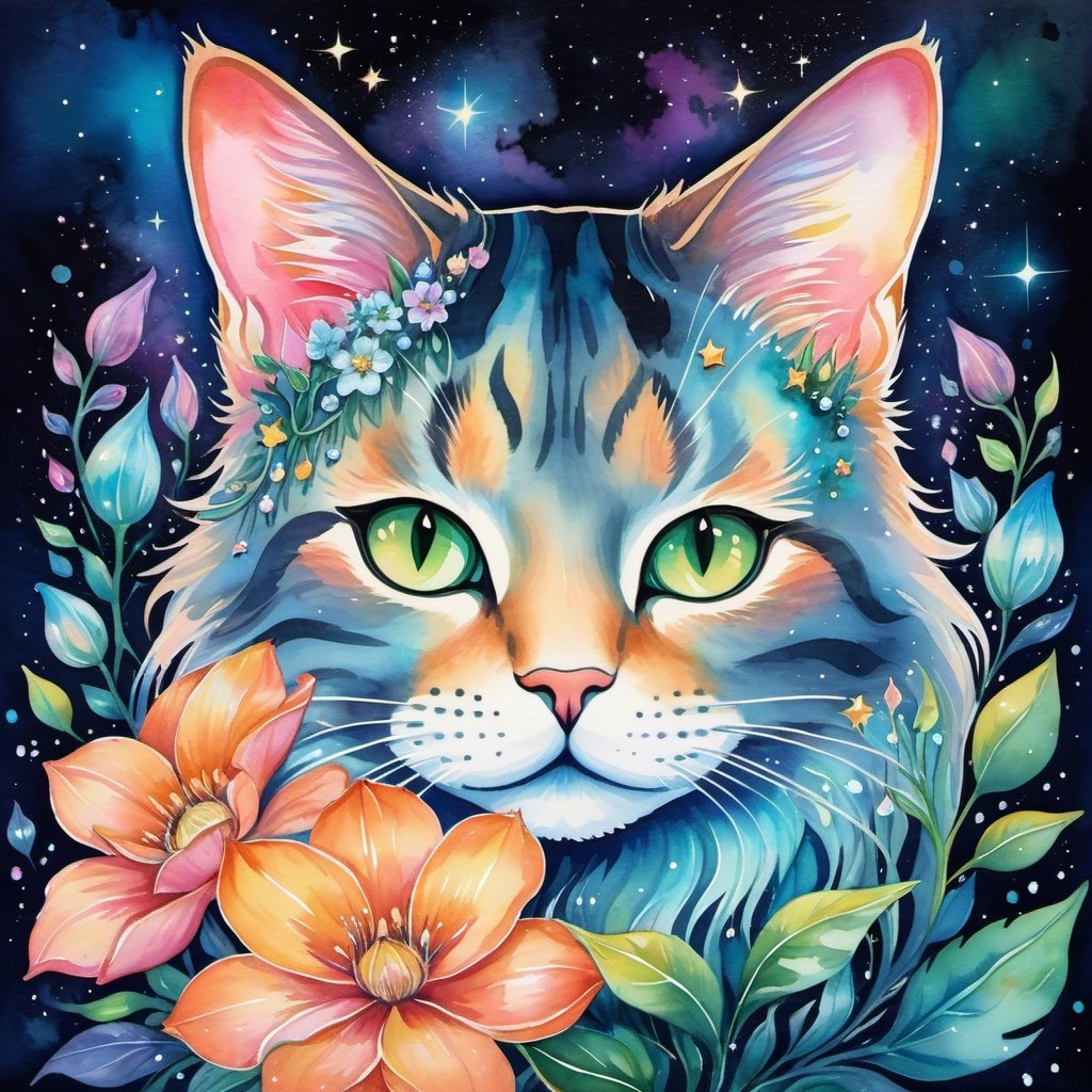 Whimsical Cat Illustration with Floral Crown and Stars